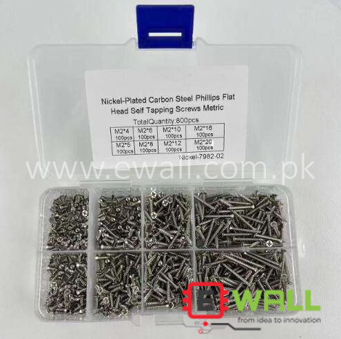 800PCS Self Tapping Screw Kit – Nickel Plated Carbon Steel – Flat Head Phillips – Assorted Box